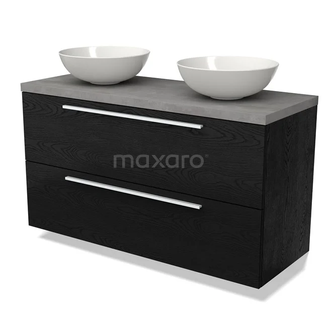 Zwarte badmeubelset met twee witte opzetwaskommen en een grijze houten blad, ideaal voor een moderne badkamer.