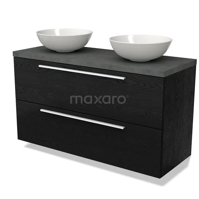 Zwarte houten badkamermeubel met twee witte ovale waskommen, moderne uitstraling en strakke metalen handgrepen.