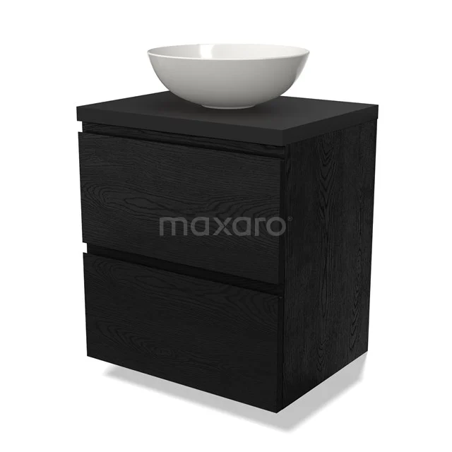 Zwart hout badkamermeubel met twee lades en ronde witte waskom, modern design en strak afgewerkt.