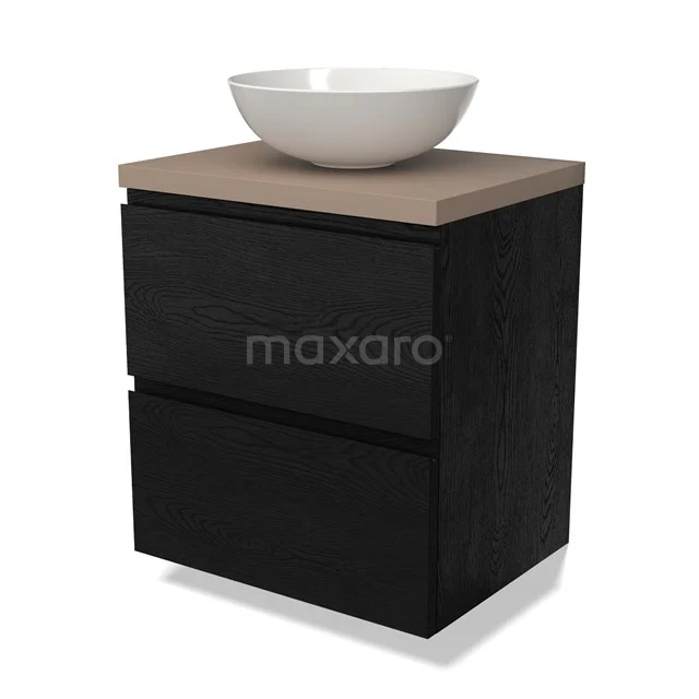 Schwarzes Badmöbel mit Holzlook Platte, keramischem Aufsatzwaschbecken und zwei Schubladen; modernes Design für stilvolle Bäder.