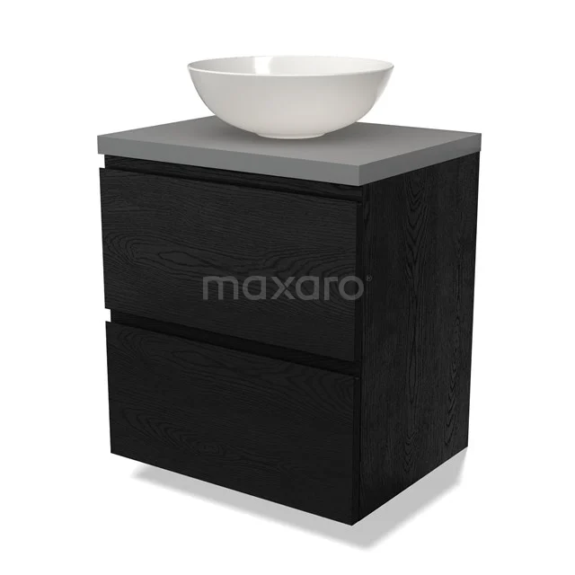 Zwart badkamermeubel met twee lades, grijs betonnen blad en ronde witte waskom, modern design.