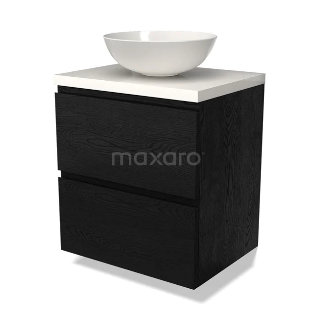 Zwarte houten badkamerkast met twee lades, witte keramische waskom en blad; stijlvol design voor moderne badkamers.