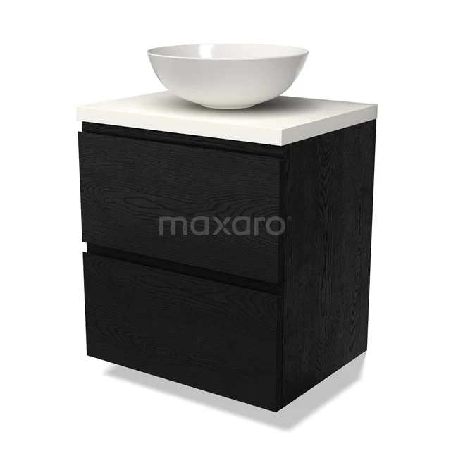 Zwarte badkamerkast met twee lades, witte wastafel van keramiek bovenop, compact design voor moderne badkamerstijl.