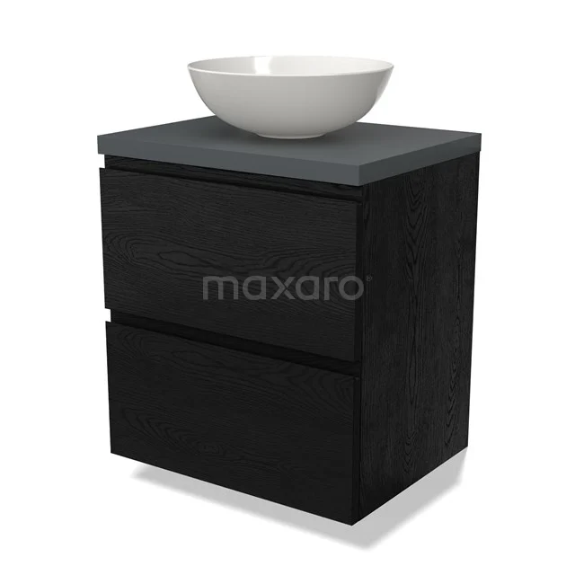 Modulo Plato Badmöbel mit Aufsatzwaschbecken | 60 cm Schwarze Eiche Grifflos front Dunkelgrau blatt 2 übereinanderliegende Schubladen BMK17-02318 Schwarzes Badmöbel mit zwei Schubladen, grauer Oberplatte und weißem rundes Waschbecken, modernes Design, ideal für kompakte Bäder.