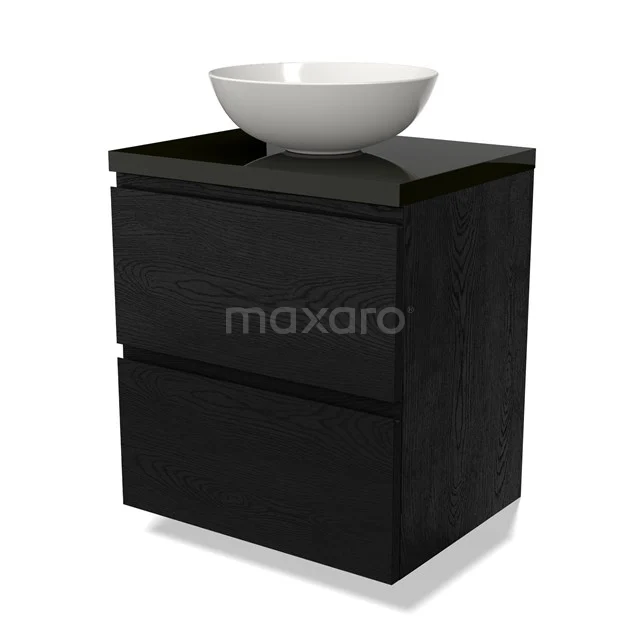Zwarte badkamerkast met witte opzetkom, modern design, twee lades, houtmotief; perfect voor stijlvolle badkameropslag.
