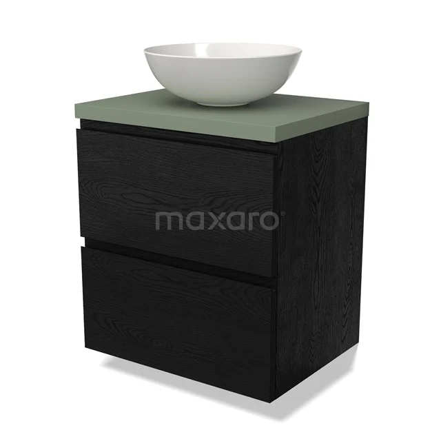 Zwart eikenhouten badkamermeubel met groene waskom, 2 lades en een witte opzetwastafel; modern en stijlvol design.