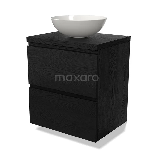 Schwarzes Badmöbel mit modernem Holzlook, zwei Schubladen und rundem weißen Waschbecken für eine stilvolle Badezimmerinrichtung.