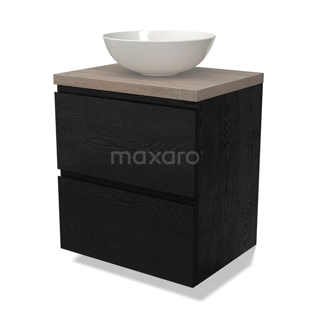 Black bathroom furniture set with wood-look worktop and white countertop wash basin, modern design suitable for luxury bathroom design.