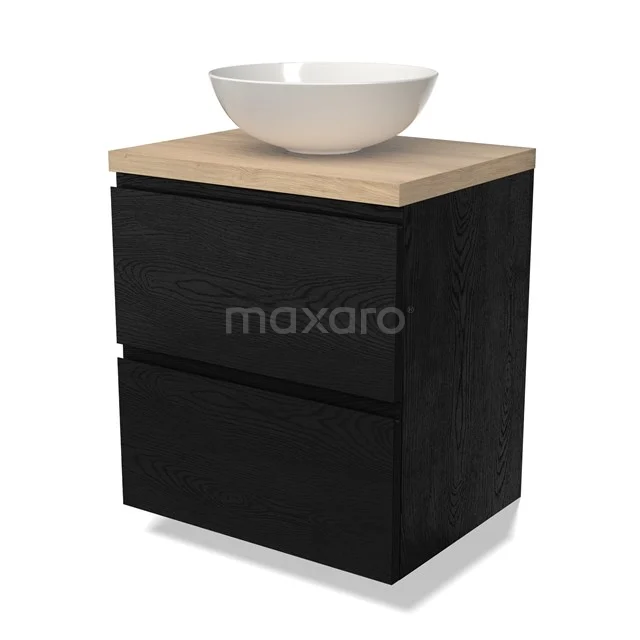 Schwarzes Holz Badezimmermöbel mit zwei Schubladen, hellem Holzlook Platte und weißem Aufsatzwaschbecken für einen modernen Badezimmerstil.