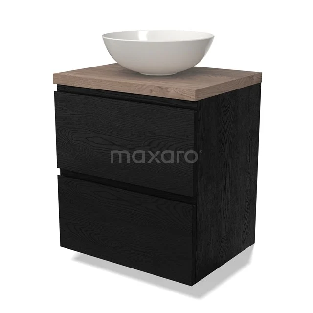 Zwarte badkamermeubelset met houtlook blad en witte waskom, modern design, ideaal voor stijlvolle badkamerinrichting.