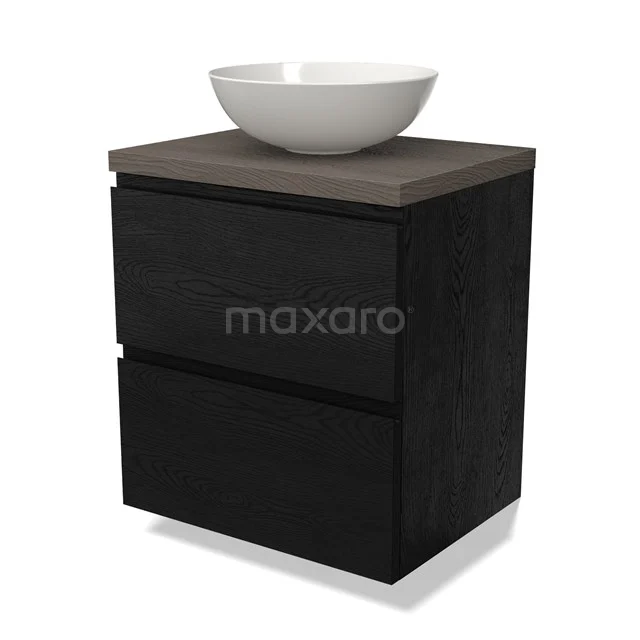 Zwarte badkamermeubel met houtlook blad en witte opzetwastafel, modern design met twee lades, ideaal voor elke badkamerstijl.