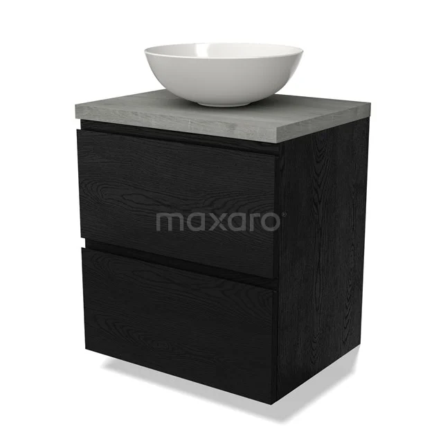 Schwarzes Holz-Badmöbel mit grauer Beton-Platte und weißem rundem Aufsatzwaschbecken, modernes Design für stilvolle Bäder.