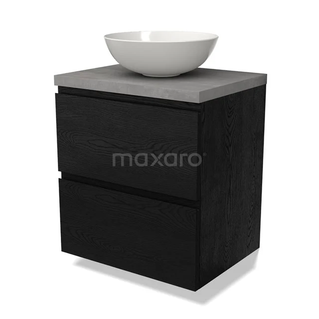 Schwarzes Badmöbel mit zwei Schubladen, graue Beton-Waschtischplatte und weißem runden Aufsatzwaschbecken, schlichtes und modernes Design.