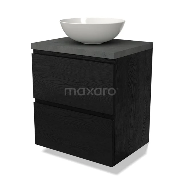 Zwart badkamermeubel met waskom, mat zwarte lades en betonlook blad, modern design voor een stijlvolle badkamer.