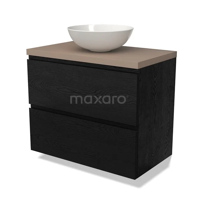 Zwarte badkamerkast met houtlook blad, wit ronde waskom, modern design; ideaal voor stijlvolle badkamerinrichting.