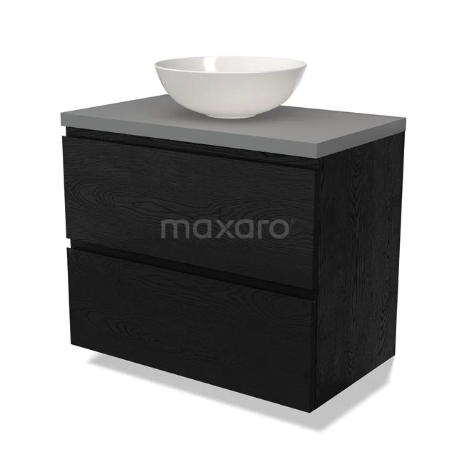 Zwart houten badkamermeubel met grijze bovenkant en ronde witte waskom, modern design geschikt voor stijlvolle badkamers.