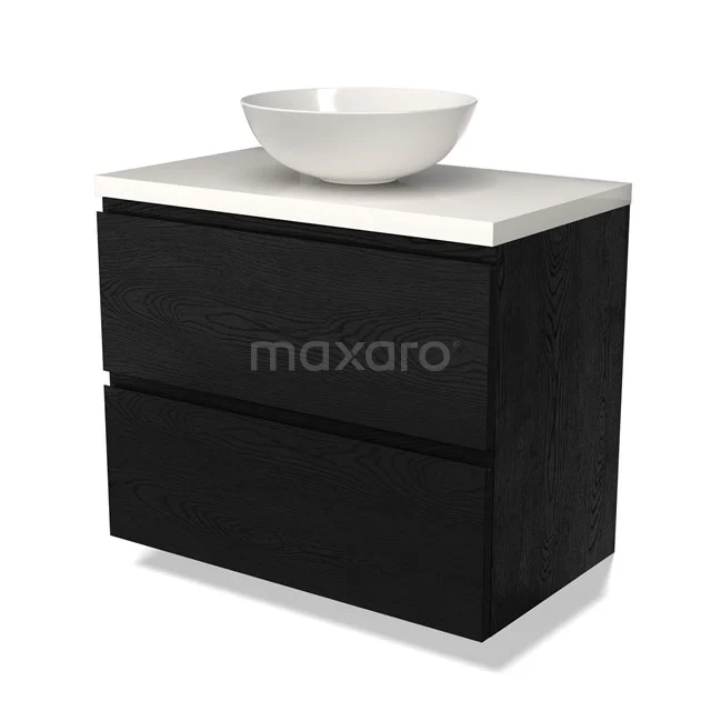 Zwarte houten badkamermeubel met wastafelkom, modern design met witte bladafwerking, ideaal voor elke stijlvolle badkamer.