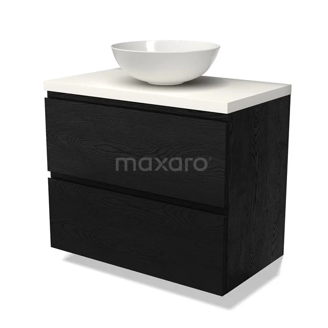 Schwarzes Holz-Badmöbel mit zwei Schubladen, weißem keramischen Aufsatzwaschbecken und glatter Oberfläche, ideal für moderne Bäder.