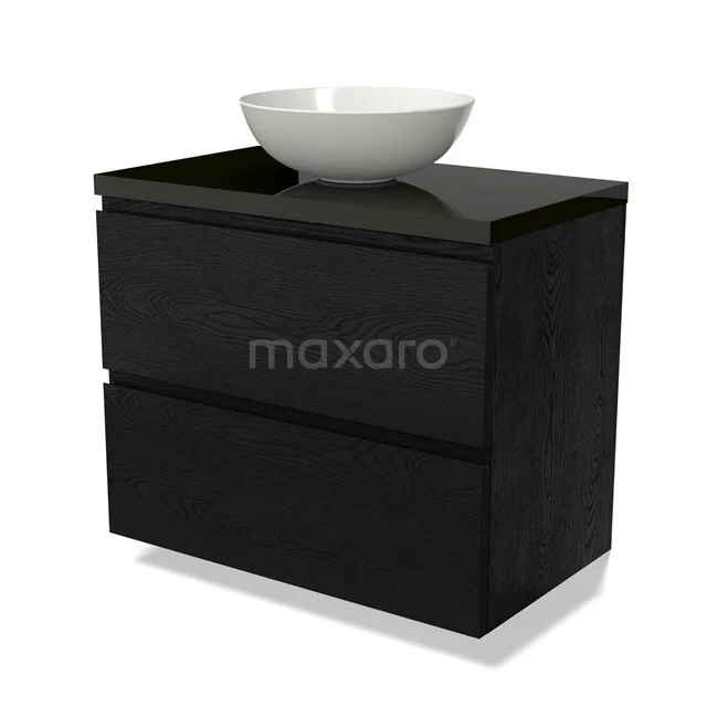 Zwarte houten badkamermeubel met twee lades, keramische waskom en luxe afwerking, ideaal voor moderne badkamers.