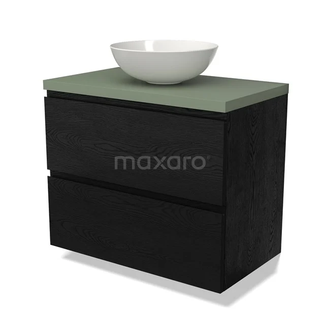 Zwarte badkamermeubelset met groene wastafelblad en ronde witte waskom, ideaal voor een moderne badkamerstijl.