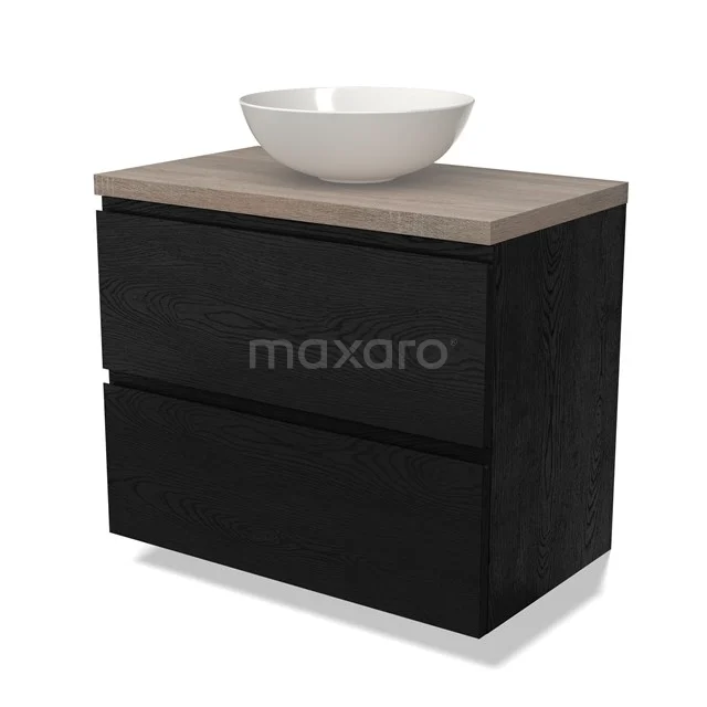 Zwarte badkamermeubel met houten blad en witte waskom, modern ontwerp; perfect voor een stijlvolle badkamerinrichting.