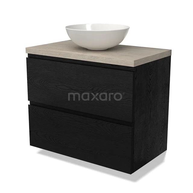 Zwarte houten badkamermeubel met twee lades, licht eiken blad en witte ronde waskom, ideaal voor moderne badkamers.