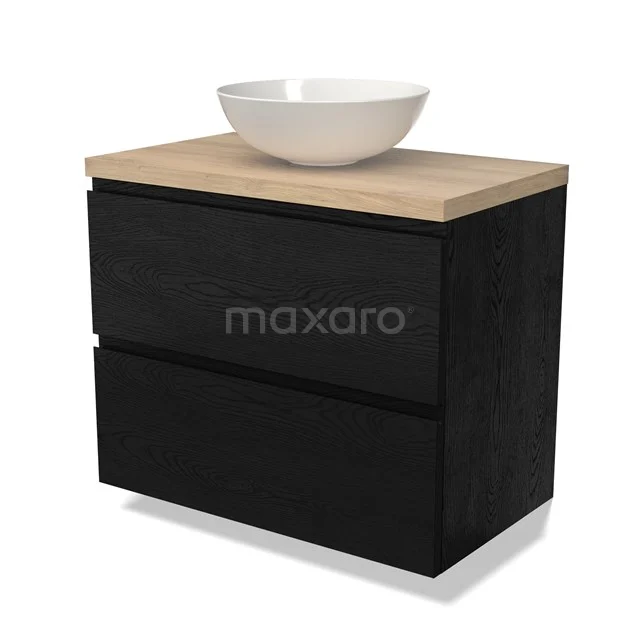Zwarte badkamermeubelset met houtlook blad en witte ronde wastafel, modern design.