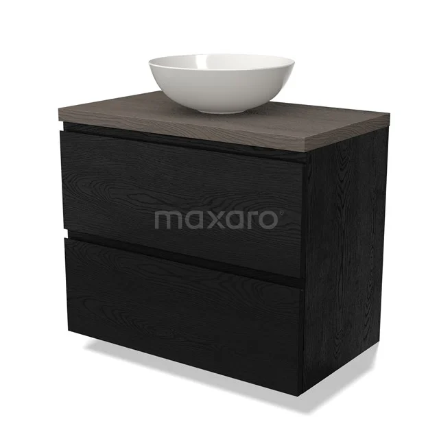Black bathroom furniture set with wood-look worktop and round, white basin; modern and minimalist design.