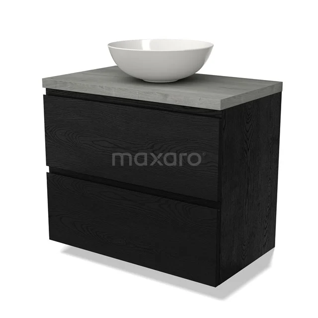 Zwarte houten badkamerkast met twee lades, betonnen blad en witte ronde waskom; stijlvol en modern design.