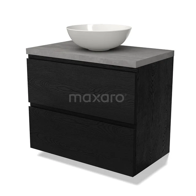 Zwarte badkamermeubelset met houtnerf, grijs blad en ronde witte waskom; stijlvol en modern design voor elke badkamer.