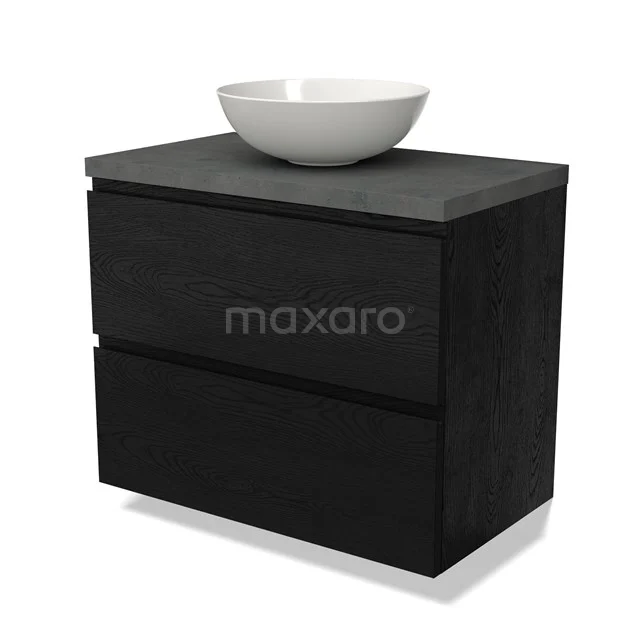 Zwarte houten badkamermeubel met twee lades en een ronde witte waskom erop, modern design voor stijlvolle badkamers.