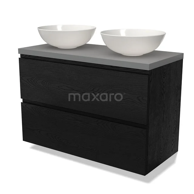 Schwarze Badmöbelset mit zwei weißen keramischen Aufsatzwaschbecken und einer grauen Betonplatte, modernes Design.