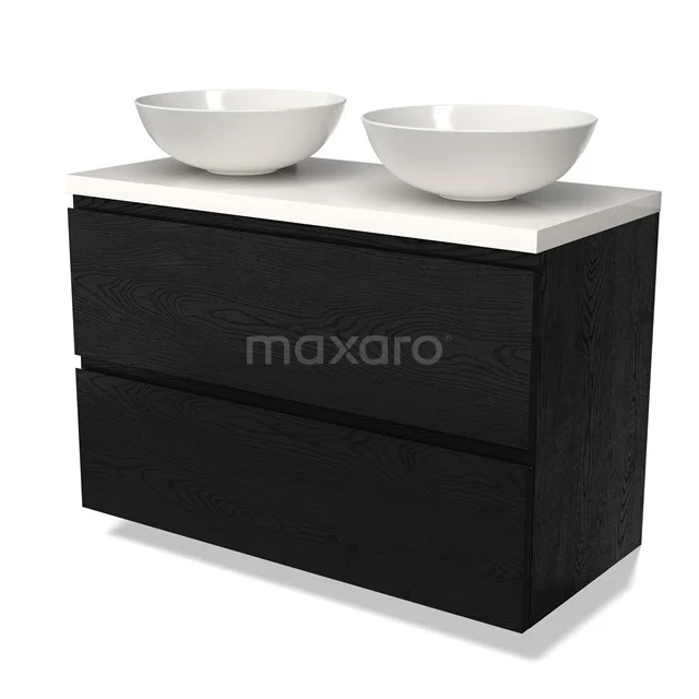 Zwarte houten badkamermeubel met twee witte waskommen, strak ontwerp, perfect voor moderne badkamerinterieurs.