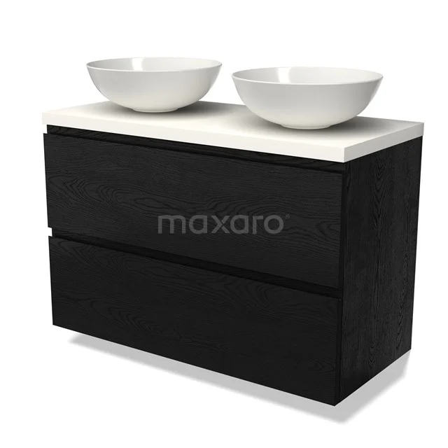 Zwart houten badkamermeubel met twee witte ronde waskommen, modern design en strak afgewerkte lades.