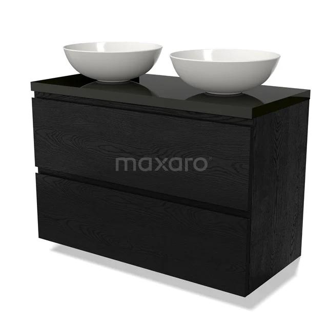 Zwart houten badkamermeubel met twee witte ovale waskommen, modern ontwerp, ideaal voor een stijlvolle badkamerinrichting.