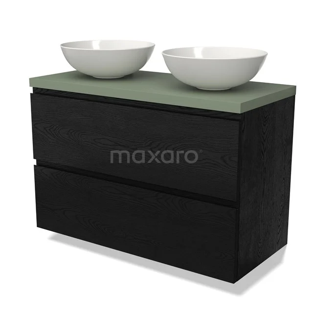 Zwarthouten badkamermeubel met groen blad en dubbele witte waskommen, ideaal voor een moderne badkamer inrichting.