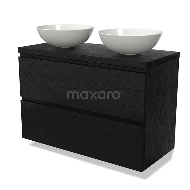 Schwarze Holz-Badmöbelset mit 2 weißen Aufsatzwaschbecken, modernes Design und doppelten Schubladen.