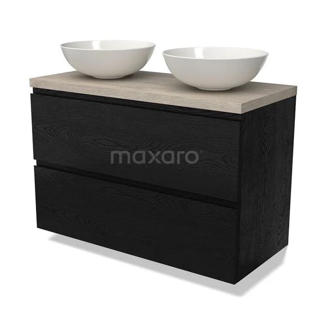 Schwarzes Holz Badezimmermöbel mit zwei weißen ovalen Aufsatzwaschbecken und naturbelassener Holz Platte, ideal für moderne Badezimmergestaltung.