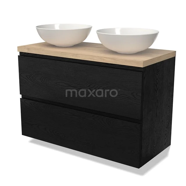 Schwarzes Holz Badezimmermöbel mit zwei weißen Aufsatzwaschbecken und einer hellen Holz Platte, modernes Design für stilvolle Bäder.