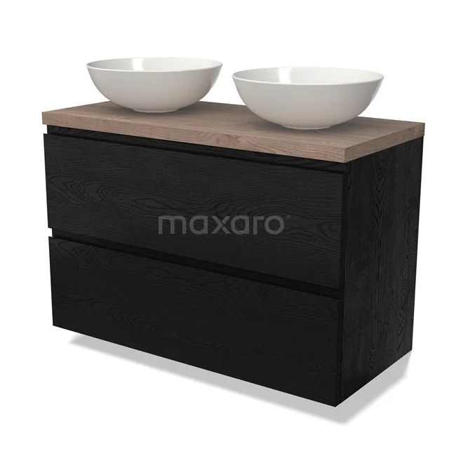Zwart houten badkamermeubel met twee witte waskommen en een eikenhouten blad, ideaal voor een moderne badkamersetup.