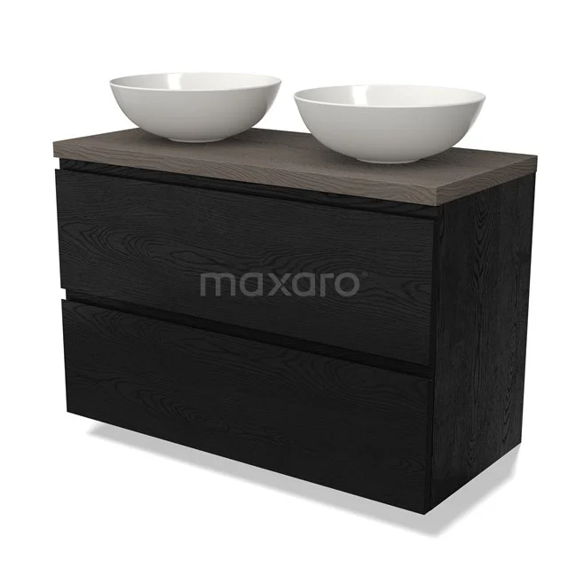 Zwarte houten badkamermeubel met twee witte waskommen en een donker eiken blad, ideaal voor een moderne badkamerstijl.