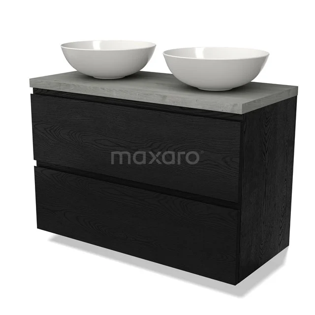 Schwarzes Holz-Badmöbel mit Betonlook Platte und doppelten weißen Aufsatzwaschbecken, modernes Design für stilvolle Bäder.