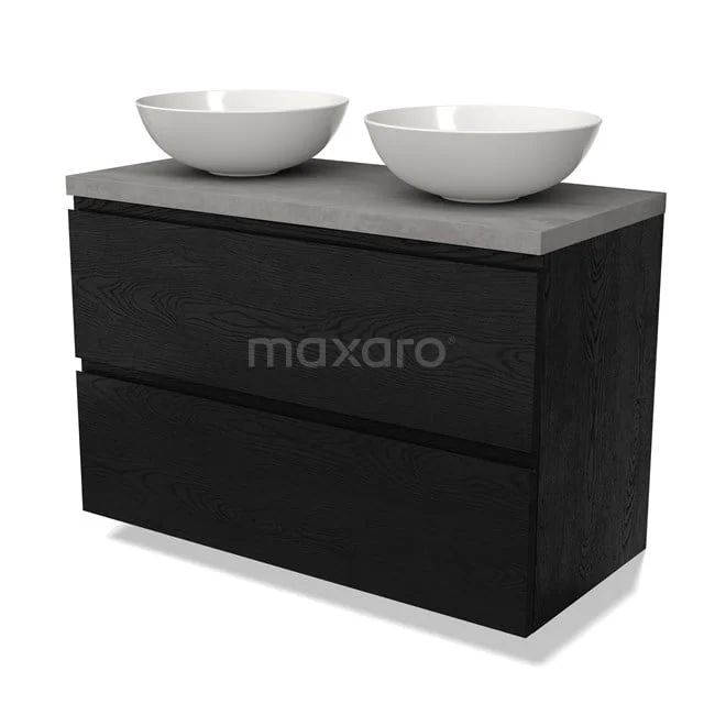 Schwarze Badmöbelset mit zwei weißen Aufsatzwaschbecken, einer Betongrau Platte und moderner Holzstruktur, ideal für ein stilvolles Badezimmer.