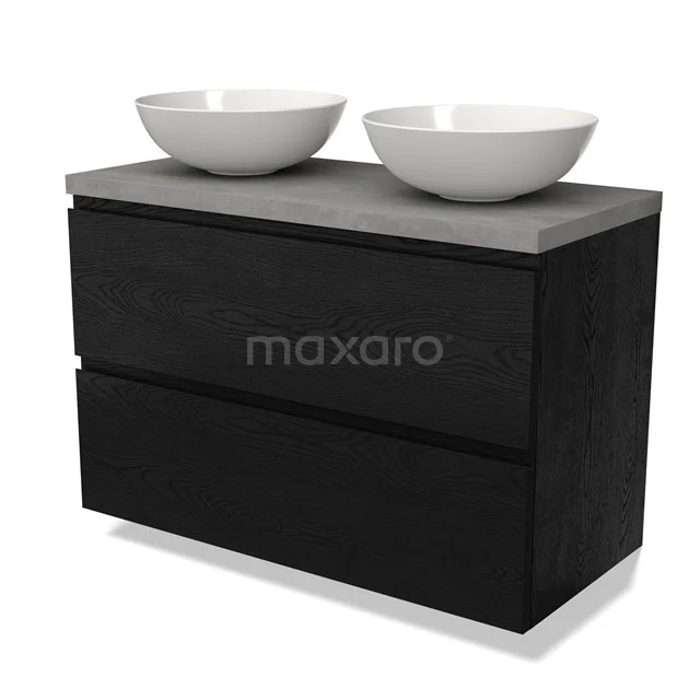 Zwarte badkamermeubelset met twee witte waskommen, een betongrijs blad en moderne houtstructuur, ideaal voor een stijlvolle badkamer.