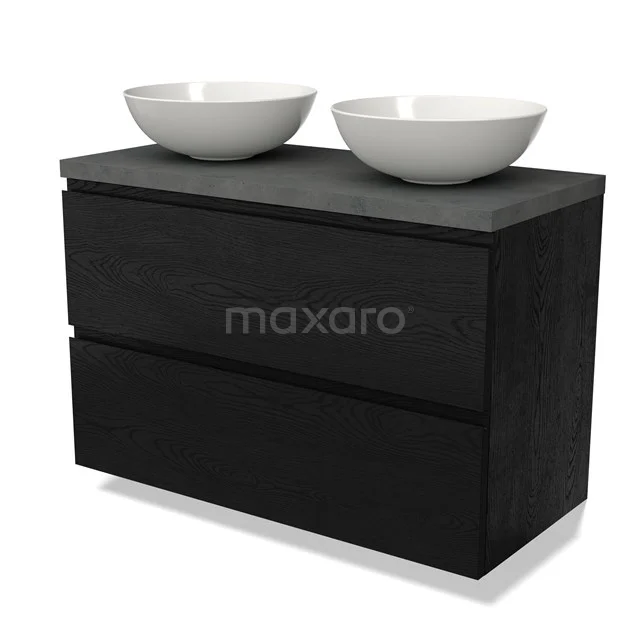 Zwart badkamermeubel met 2 lades en dubbele witte ronde waskommen, modern design en krasbestendig mat oppervlak.