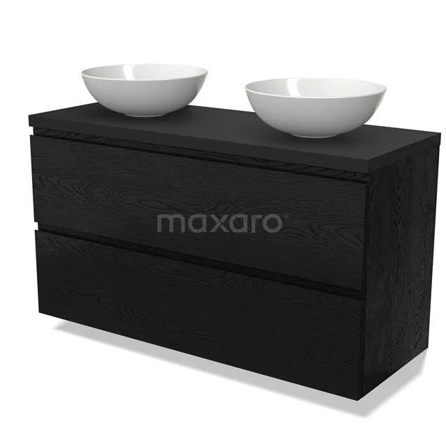 Zwarte badkamermeubel met dubbele witte waskommen, strak design en houten structuur voor moderne badkamers.