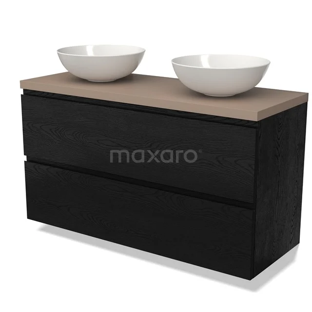 Zwart badkamermeubel met houtkleurig blad, twee witte wastafels, modern design, dubbele lades voor optimale opbergruimte.