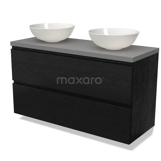 Black wooden bathroom unit with two drawers, grey worktop and double white countertop wash basins for a modern bathroom style.