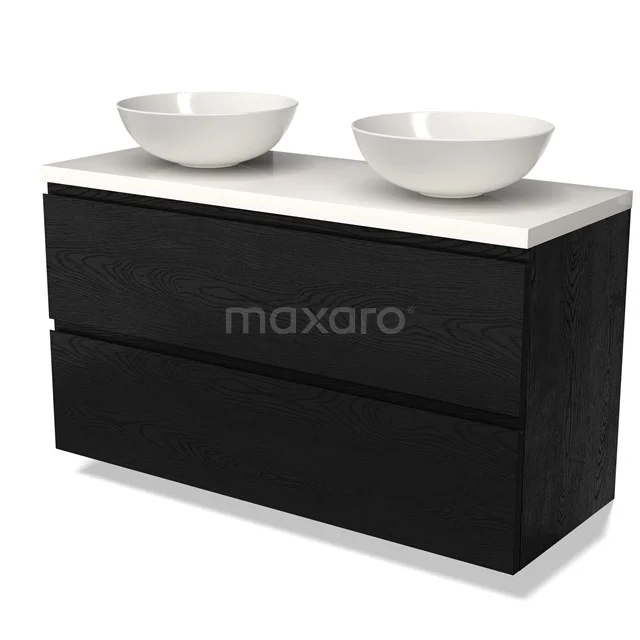 Zwarte houten badkamermeubel met twee witte waskommen en marmeren blad, moderne stijl voor luxe badkamerinrichting.