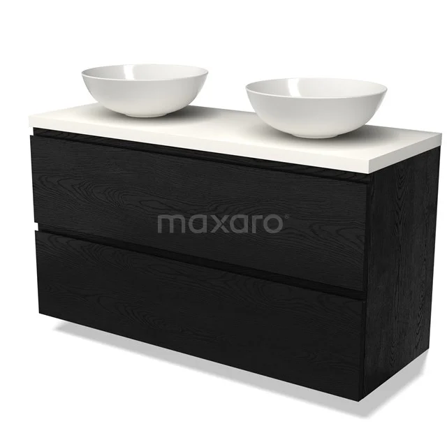 Zwarte badkamermeubelset met dubbele wastafel, modern design, mat zwarte afwerking en keramische schalen voor een luxe uitstraling.